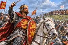 Guillaume le Conqu&eacute;rant &agrave; cheval, &agrave; la t&ecirc;te des chevaliers normands lors de la bataille d'Hastings en 1066.