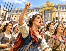 Des femmes et d'autres manifestants parisiens marchent vers le ch&acirc;teau de Versailles en octobre 1789 pour r&eacute;clamer du pain.