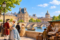 Paris au XVIIIe si&egrave;cle, avec ses quais de Seine, ses promeneurs et ses marchands de livres