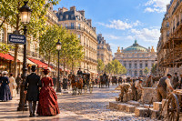 Paris au XIXe si&egrave;cle, avec ses boulevards haussmanniens, ses voitures &agrave; cheval et ses ouvriers