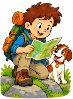 Un gar&ccedil;on consulte une carte pendant une randonn&eacute;e avec son chien.