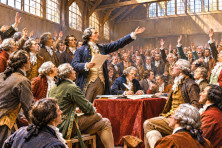 Les d&eacute;put&eacute;s r&eacute;unis dans la salle du Jeu de paume &agrave; Versailles, le 20 juin 1789, pr&ecirc;tent serment de donner une constitution &agrave; la France.