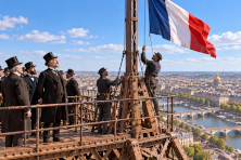 Le 31 mars 1889, le drapeau fran&ccedil;ais est hiss&eacute; au sommet de la tour Eiffel achev&eacute;e, devant Gustave Eiffel et ses invit&eacute;s.