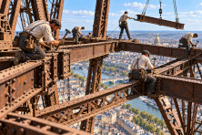 En 1888, des ouvriers travaillent en &eacute;quilibre sur les hautes poutrelles m&eacute;talliques de la tour Eiffel, au-dessus de Paris.