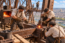 En 1888, des ouvriers chauffent les rivets dans une petite forge install&eacute;e sur une plateforme de la tour Eiffel.