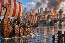 Des navires vikings approchent de Paris en 845, sur la Seine, devant les habitations et les remparts de l'&icirc;le de la Cit&eacute;.