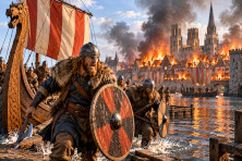 Attaque de Rouen par les Vikings en 841, avec des navires sur la Seine et des b&acirc;timents en flammes.