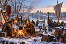 Campement viking en hiver au IXe si&egrave;cle, avec un feu, des abris et un navire amarr&eacute; sur la Seine.