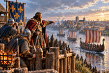 Un chef franc et ses soldats surveillent l'arriv&eacute;e de navires vikings sur la Seine au IXe si&egrave;cle.