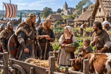 Des familles d'origine viking s'installent dans un village de Normandie au Xe si&egrave;cle, pr&egrave;s de maisons en bois et de champs cultiv&eacute;s.