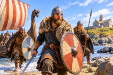 Des Vikings d&eacute;barquent sur une c&ocirc;te europ&eacute;enne &agrave; la fin du VIIIe si&egrave;cle.
