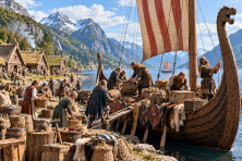 &Agrave; la fin du VIIIe si&egrave;cle, des Scandinaves pr&eacute;parent leurs navires pour une exp&eacute;dition maritime, sur la c&ocirc;te d'un fjord.