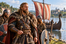 Rollon, chef viking au d&eacute;but du Xe si&egrave;cle, entour&eacute; de ses compagnons sur les rives de la Seine.