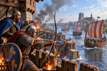 Le si&egrave;ge de Paris en 885, avec des d&eacute;fenseurs francs sur une tour fortifi&eacute;e face aux navires vikings sur la Seine.