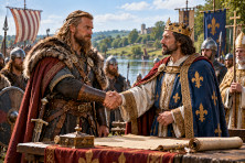 Rollon et le roi Charles le Simple lors de la conclusion de l'accord de Saint-Clair-sur-Epte en 911.